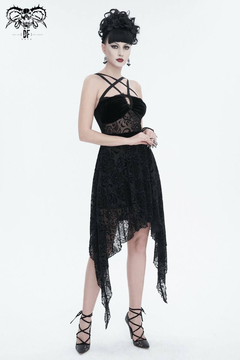 Gothic Pentagram Strappy Irregular Dresses / Women's Vintage Backless Black Dress