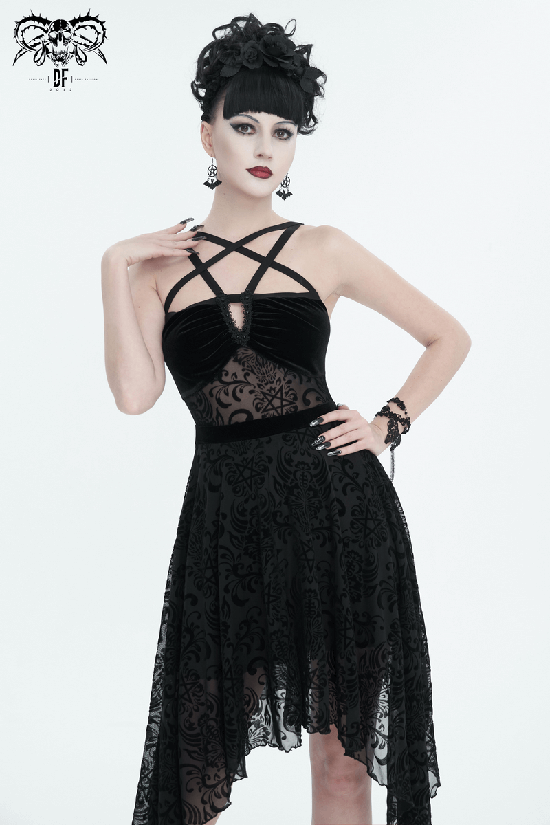 Gothic Pentagram Strappy Irregular Dresses / Women's Vintage Backless Black Dress