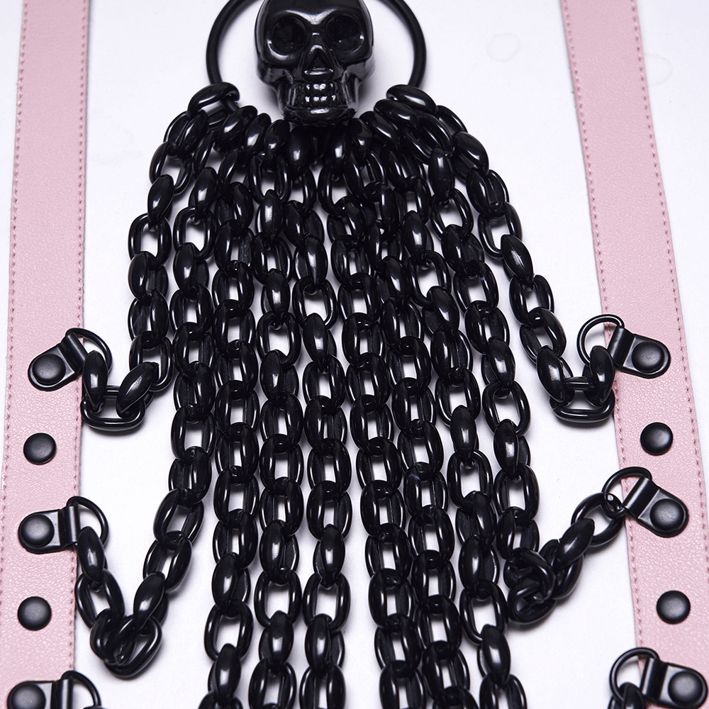 Gothic Pink Leather Harness with Skull and Chains
