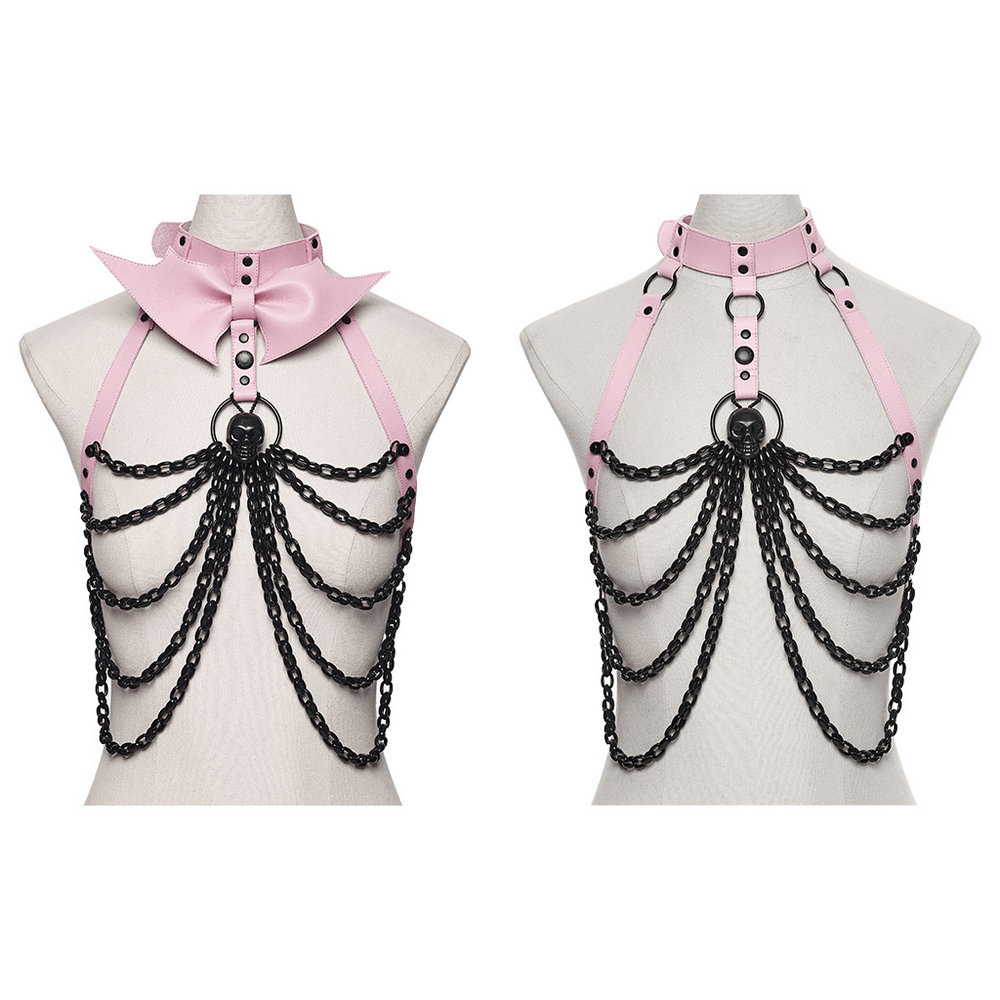 Gothic Pink Leather Harness with Skull and Chains