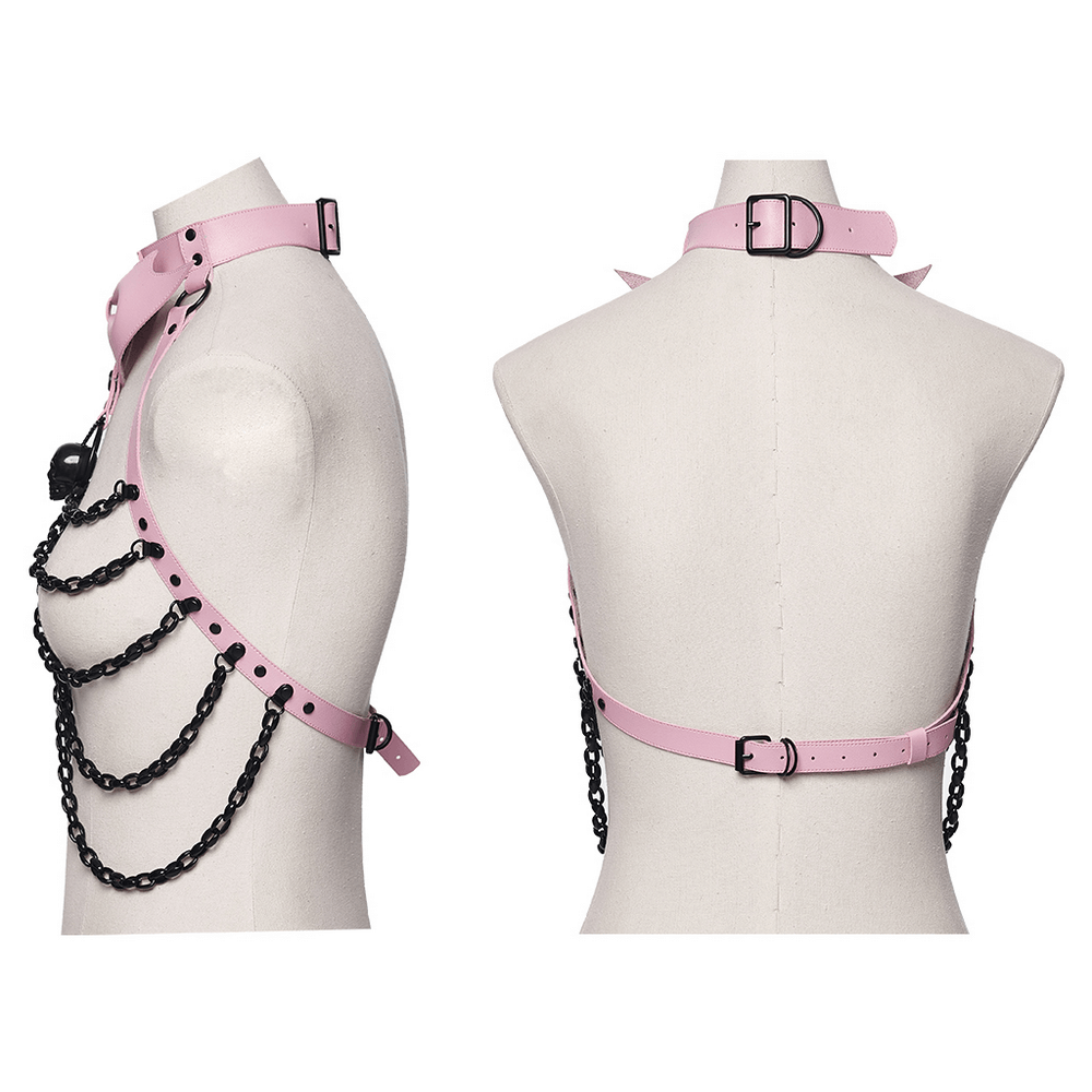 Gothic Pink Leather Harness with Skull and Chains