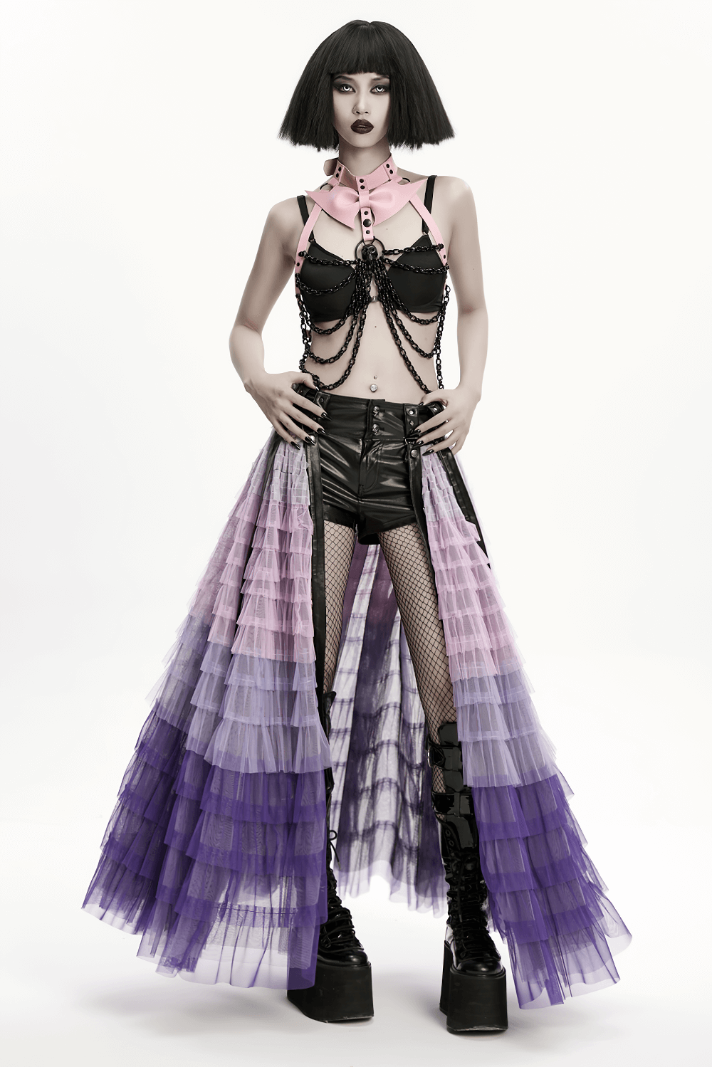 Gothic Pink Leather Harness with Skull and Chains