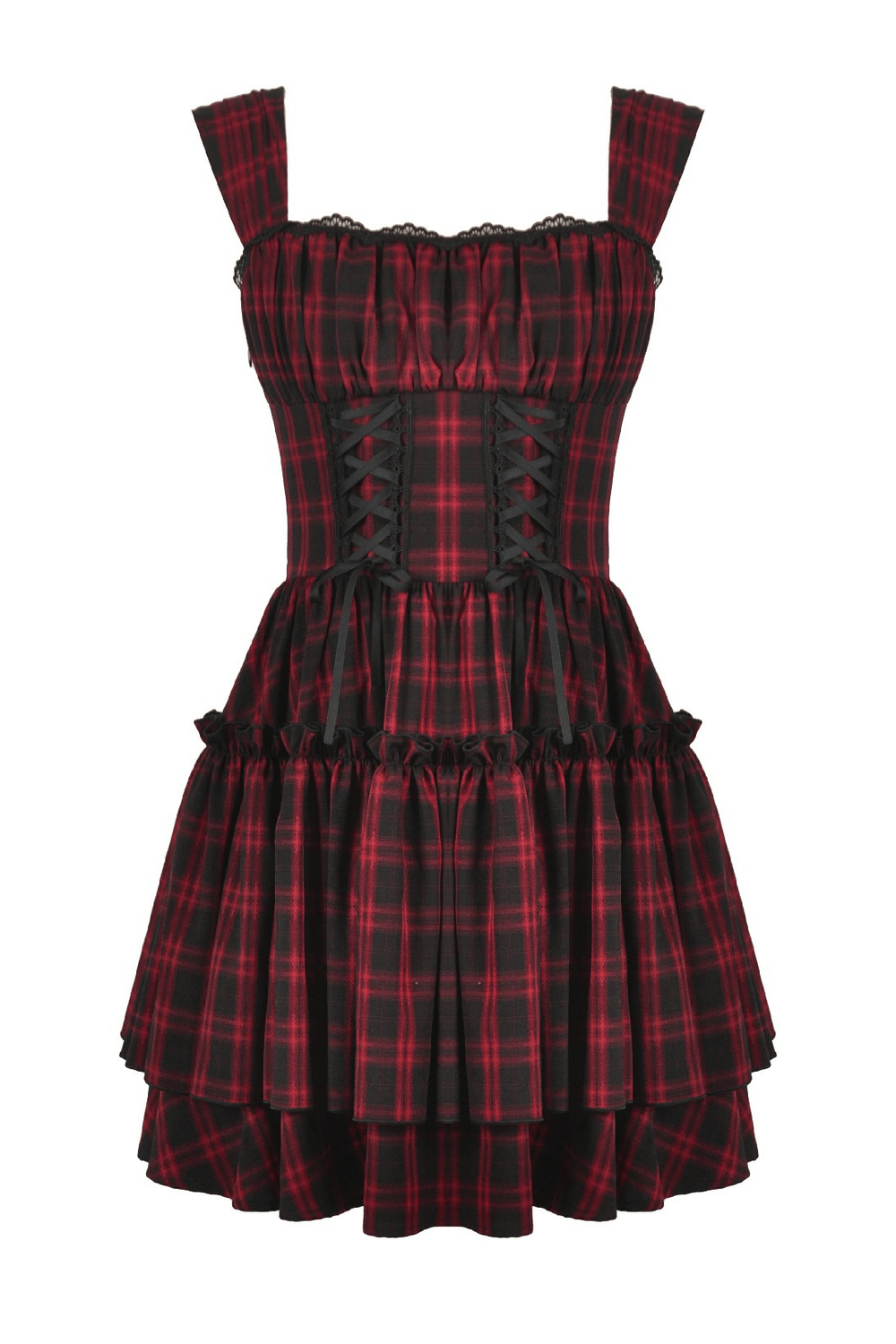 Gothic Plaid Dress with Lace-Up and Ruffled Skirt