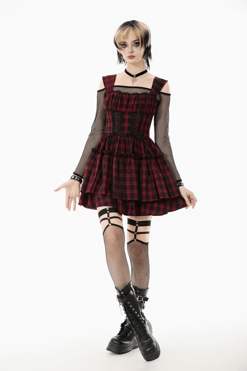 Gothic Plaid Dress with Lace-Up and Ruffled Skirt
