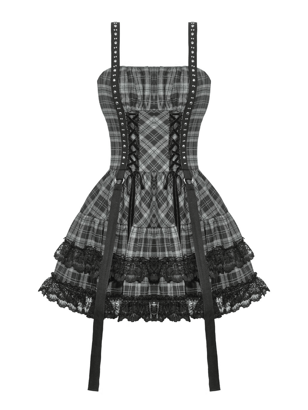 Gothic Plaid Mini Dress with Lace Trim and Harness Straps