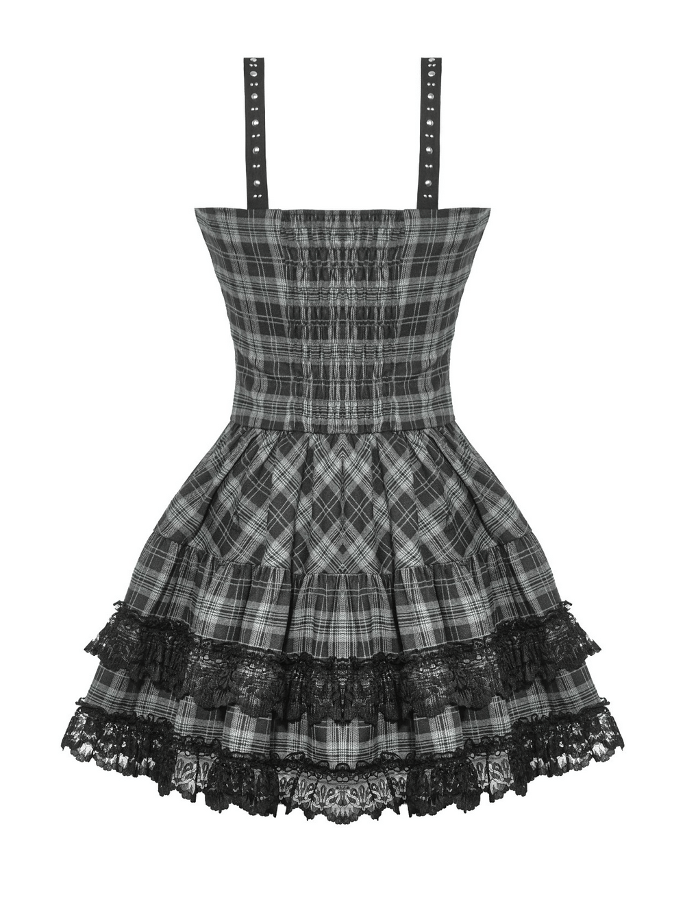 Gothic Plaid Mini Dress with Lace Trim and Harness Straps