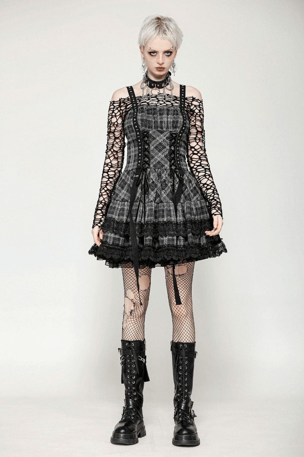 Gothic Plaid Mini Dress with Lace Trim and Harness Straps