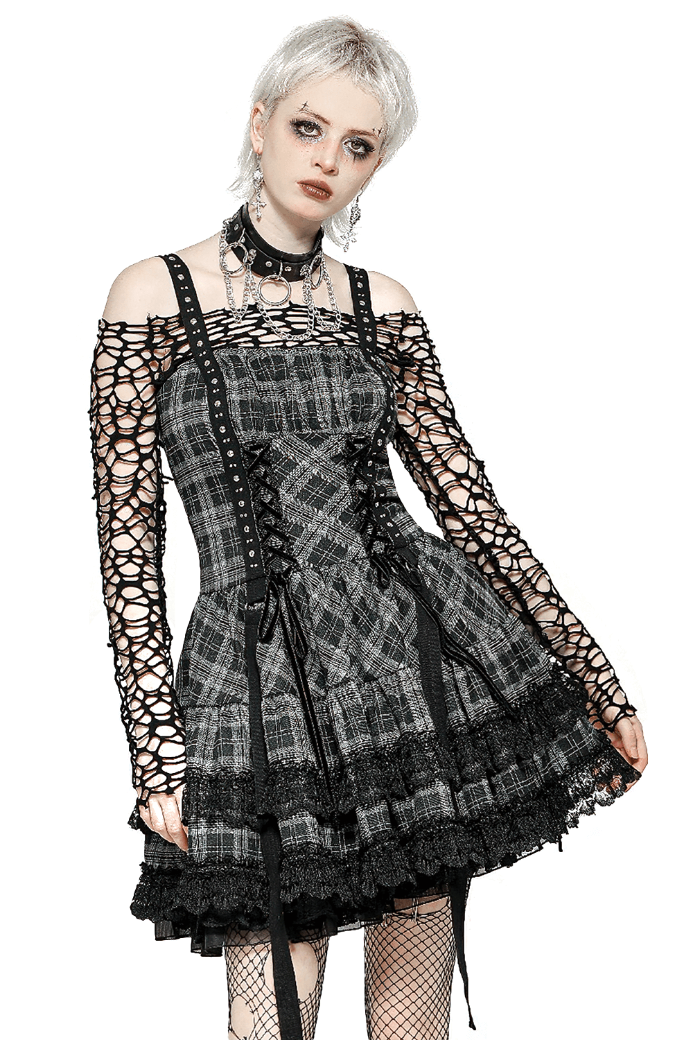 Gothic Plaid Mini Dress with Lace Trim and Harness Straps