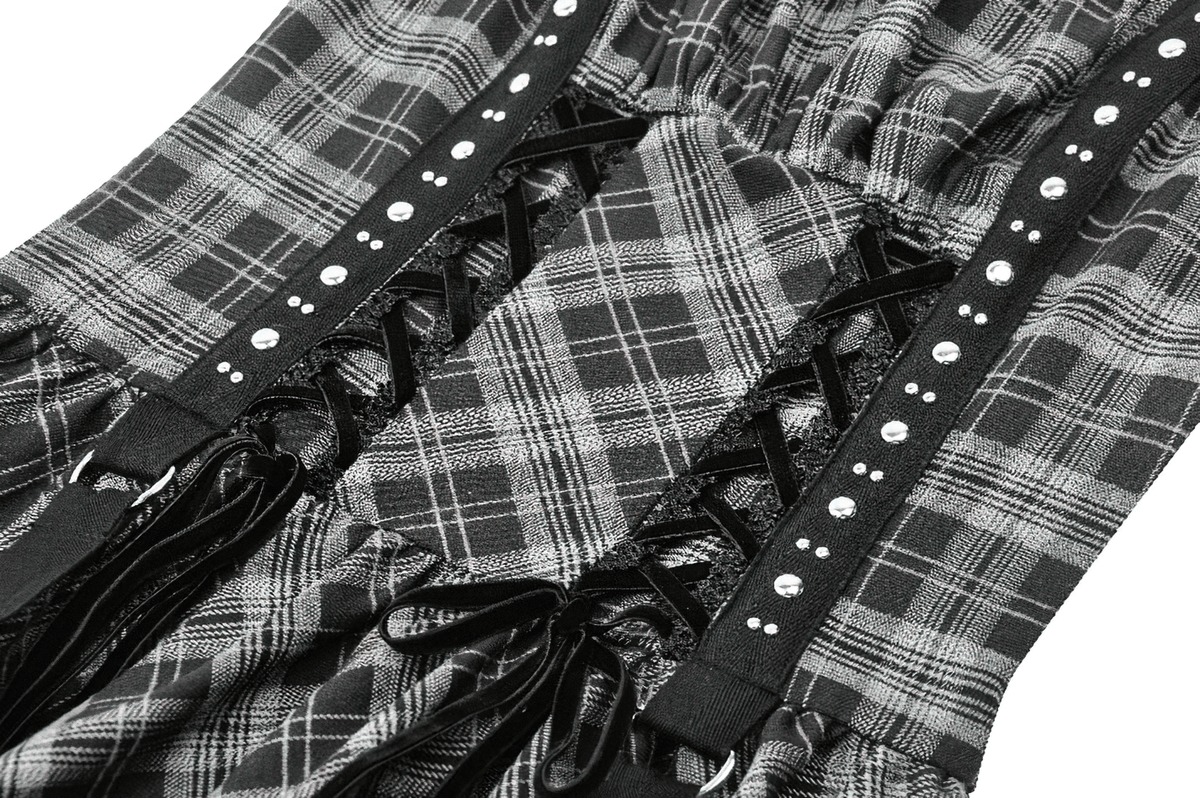 Gothic Plaid Mini Dress with Lace Trim and Harness Straps