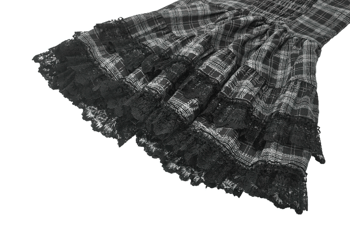 Gothic Plaid Mini Dress with Lace Trim and Harness Straps