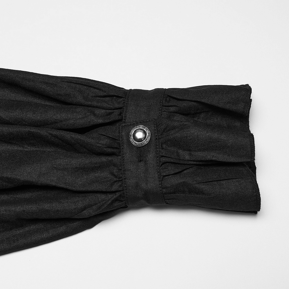 Gothic Pleated Black Shirt with Stand Collar and Buckles