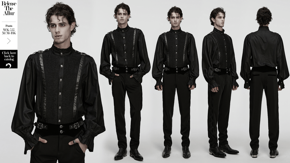 Gothic Pleated Black Shirt with Stand Collar and Buckles