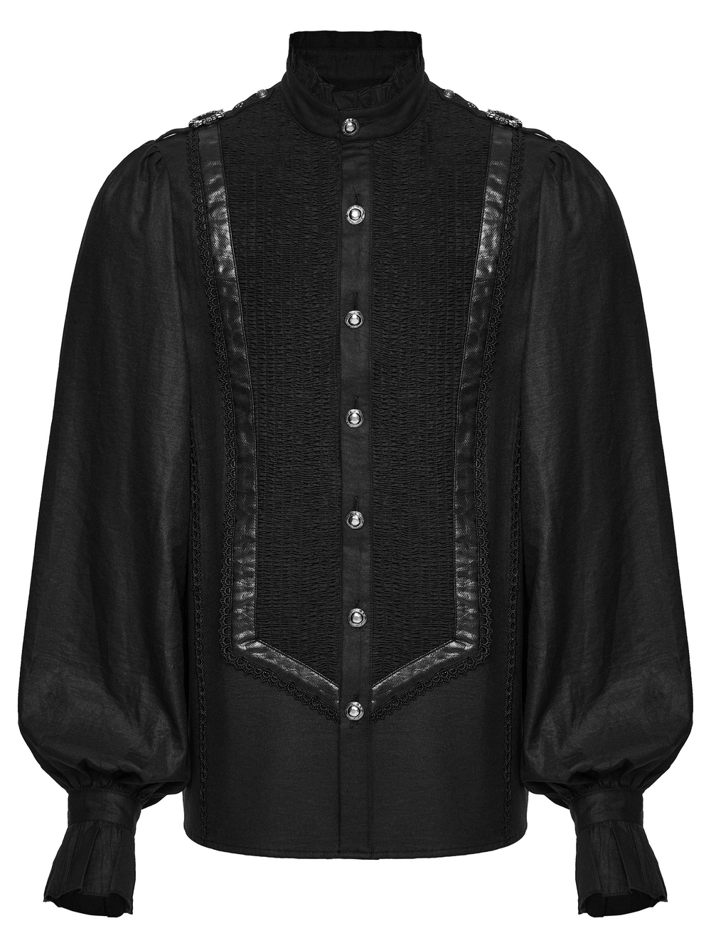 Gothic Pleated Black Shirt with Stand Collar and Buckles
