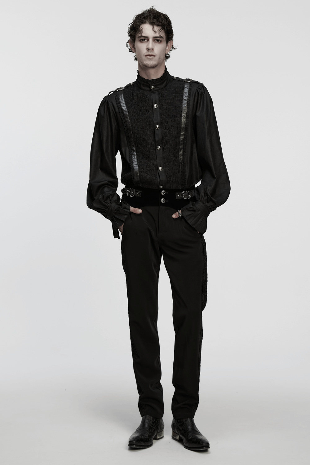 Gothic Pleated Black Shirt with Stand Collar and Buckles