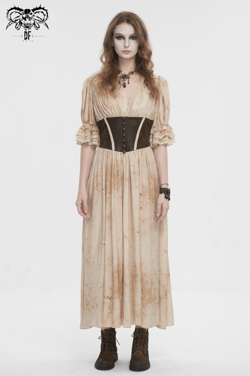 Gothic Puff Sleeves Deep V-Neck Long Dress With Shirred Back