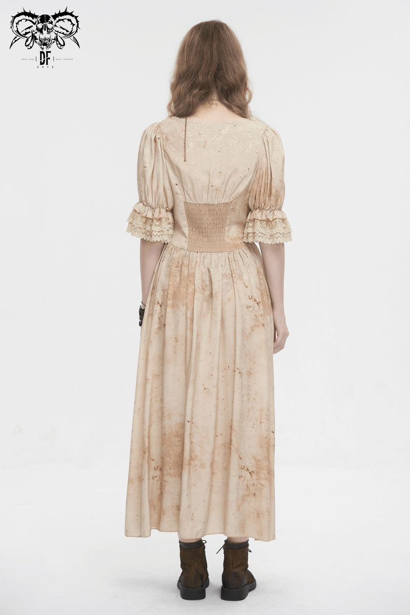 Gothic Puff Sleeves Deep V-Neck Long Dress With Shirred Back