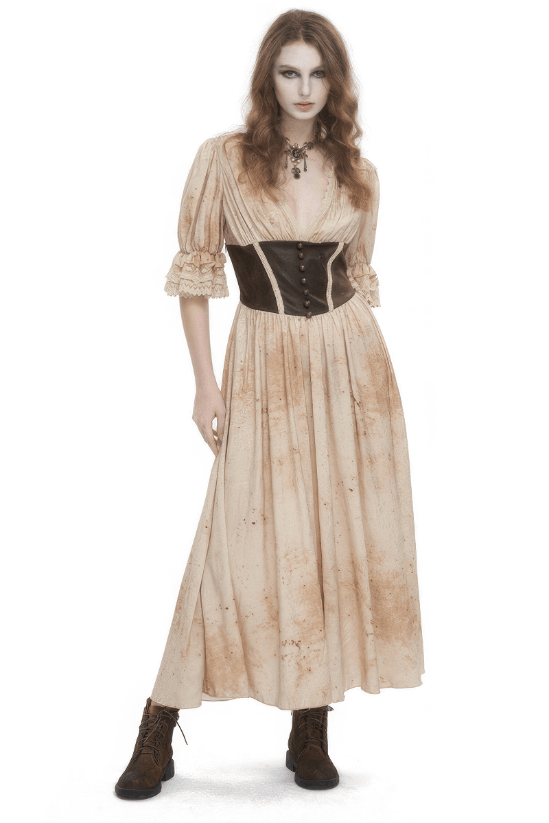 Gothic Puff Sleeves Deep V-Neck Long Dress With Shirred Back