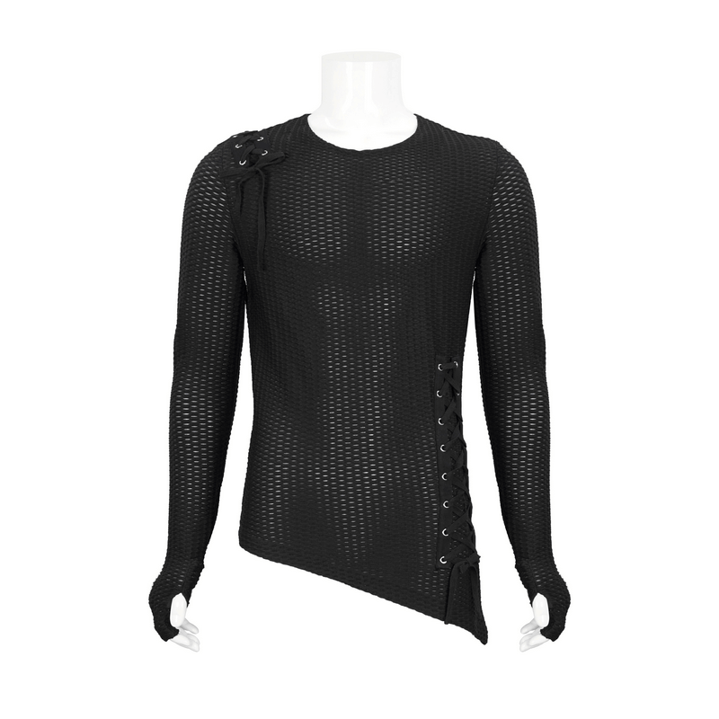 US SALE of Punk Asymmetric Sweatshirt with Lace Up / Mesh Long Sleeve Black Top