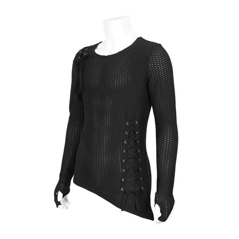 US SALE of Punk Asymmetric Sweatshirt with Lace Up / Mesh Long Sleeve Black Top