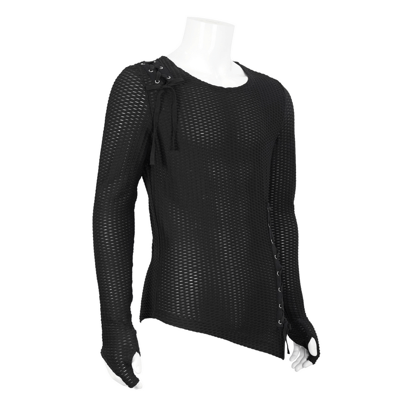 US SALE of Punk Asymmetric Sweatshirt with Lace Up / Mesh Long Sleeve Black Top