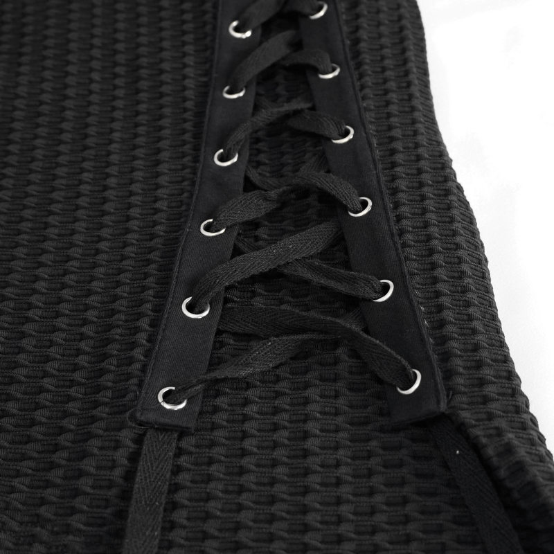 US SALE of Punk Asymmetric Sweatshirt with Lace Up / Mesh Long Sleeve Black Top