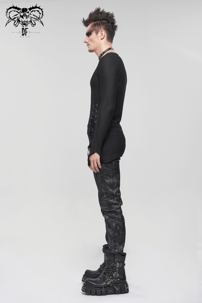 US SALE of Punk Asymmetric Sweatshirt with Lace Up / Mesh Long Sleeve Black Top