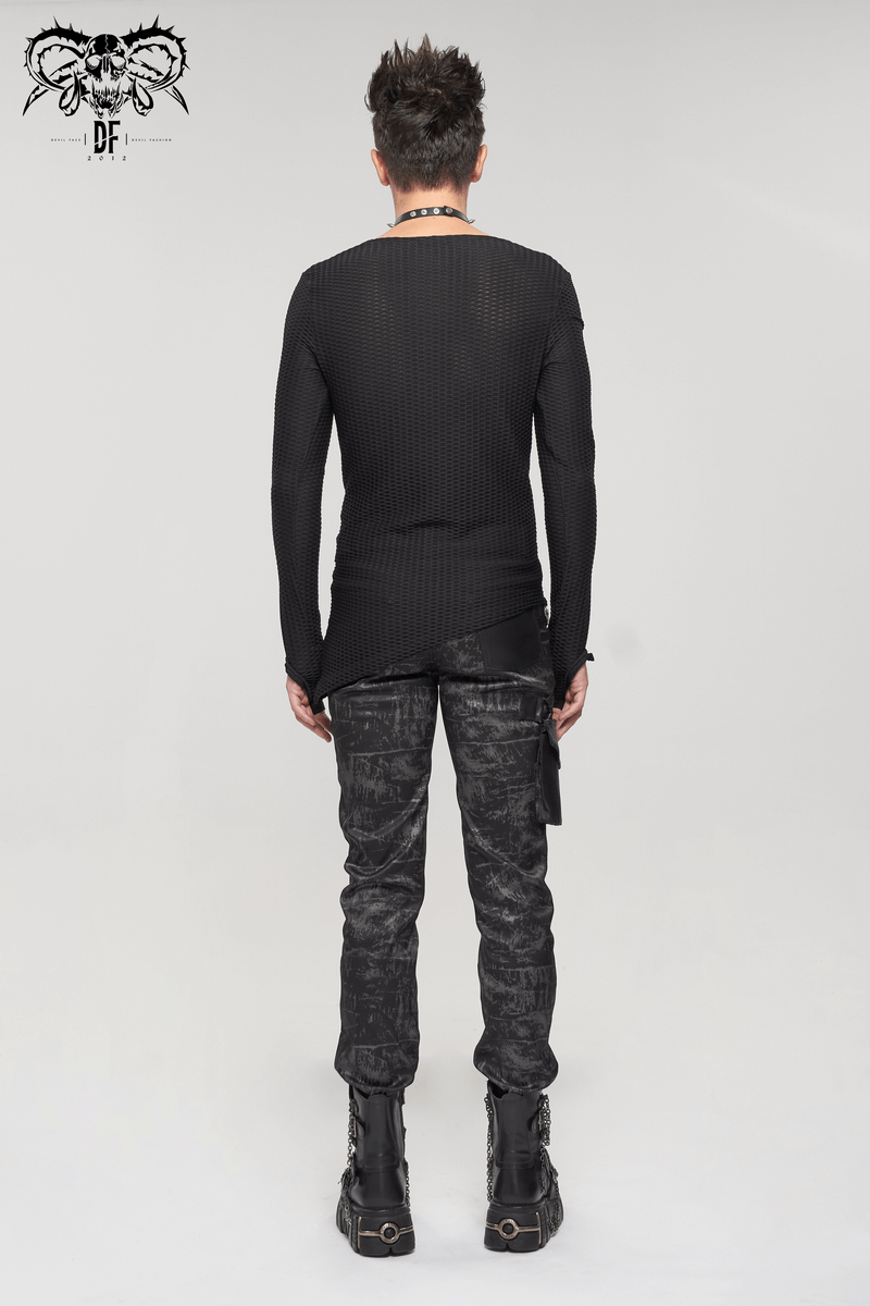 US SALE of Punk Asymmetric Sweatshirt with Lace Up / Mesh Long Sleeve Black Top
