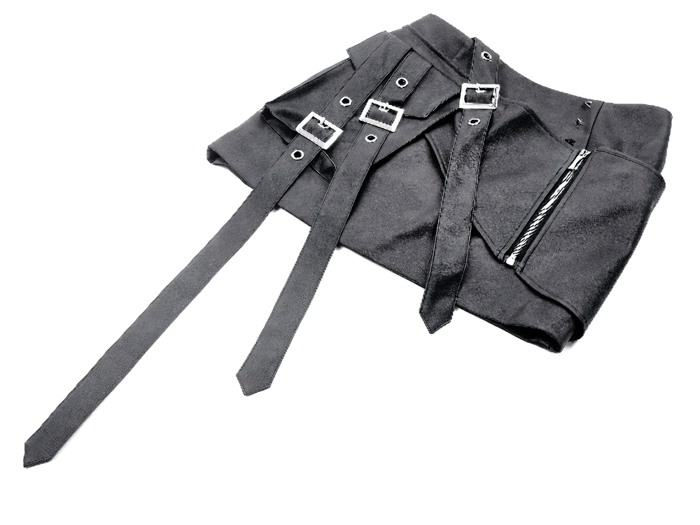 Gothic Punk Black Faux Leather Mini Skirt with Belts
