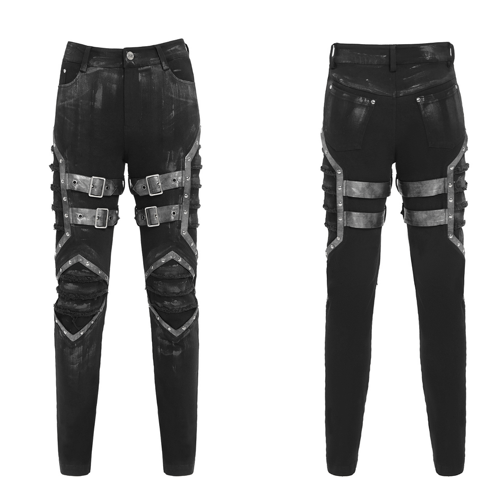 Gothic Punk Buckled Pants with Distressed Metal Details