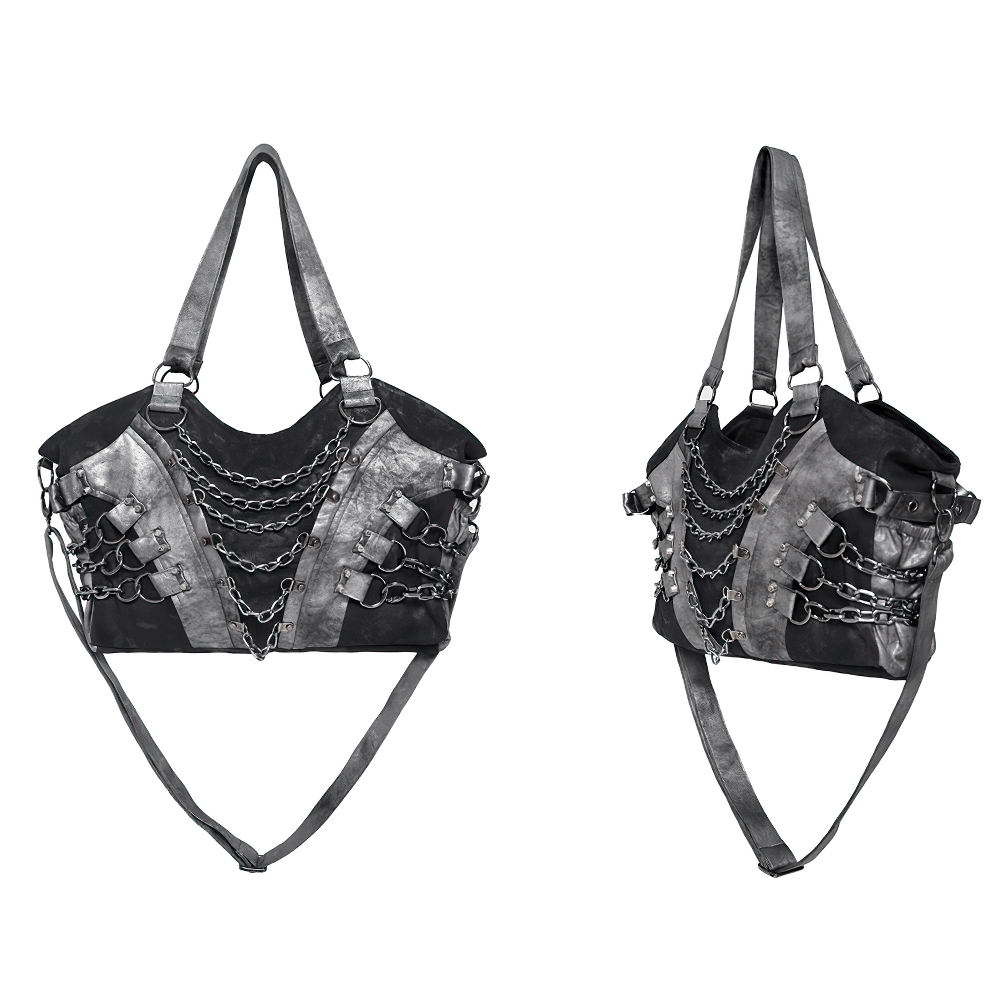 Gothic Punk Chain Shoulder Bag with Buckle Straps