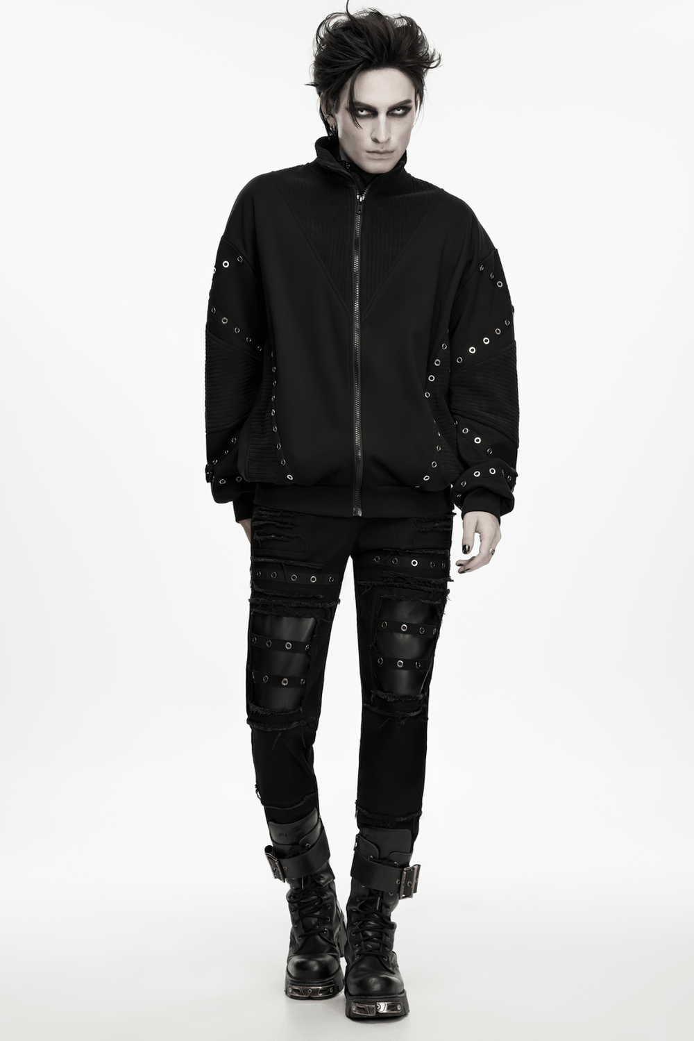 Gothic Punk Distressed Tapered Pants with Eyelet Straps