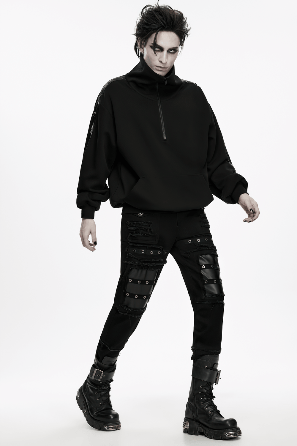 Gothic Punk Distressed Tapered Pants with Eyelet Straps