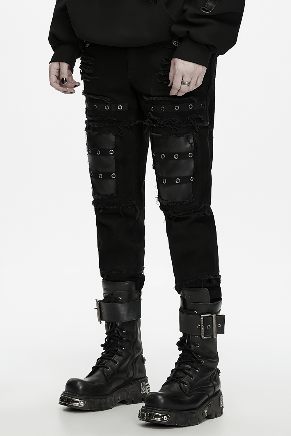 Gothic Punk Distressed Tapered Pants with Eyelet Straps