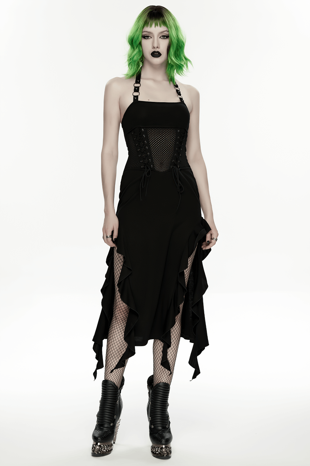 Gothic Punk Halter Mesh Dress With Ruffled Hem