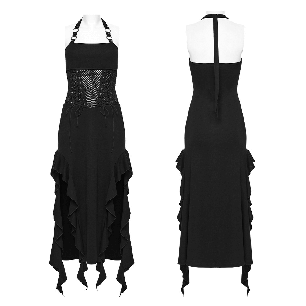 Gothic Punk Halter Mesh Dress With Ruffled Hem