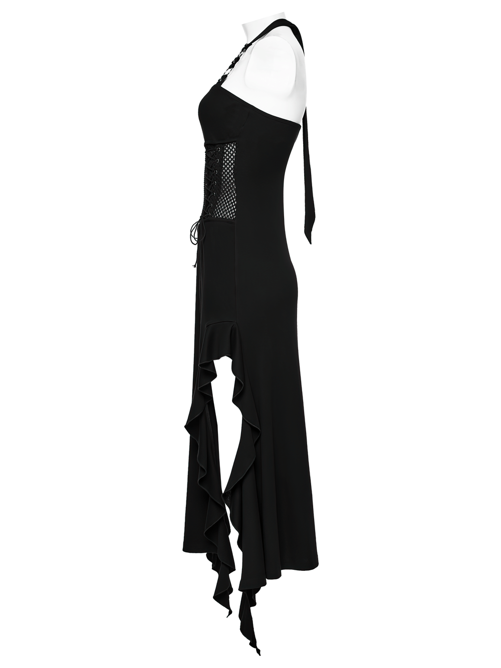 Gothic Punk Halter Mesh Dress With Ruffled Hem