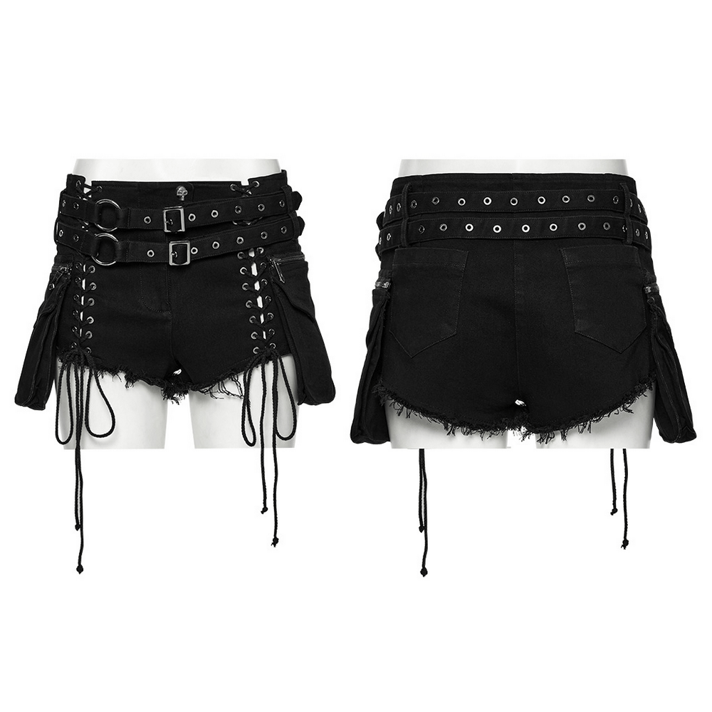 Gothic Punk Lace-Up Shorts with Double Belt Detail