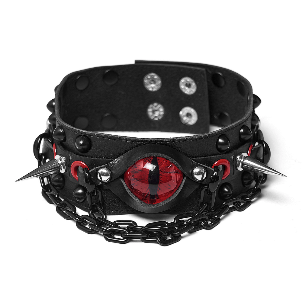 Gothic Punk Leather Choker with Demon Eye and Chains
