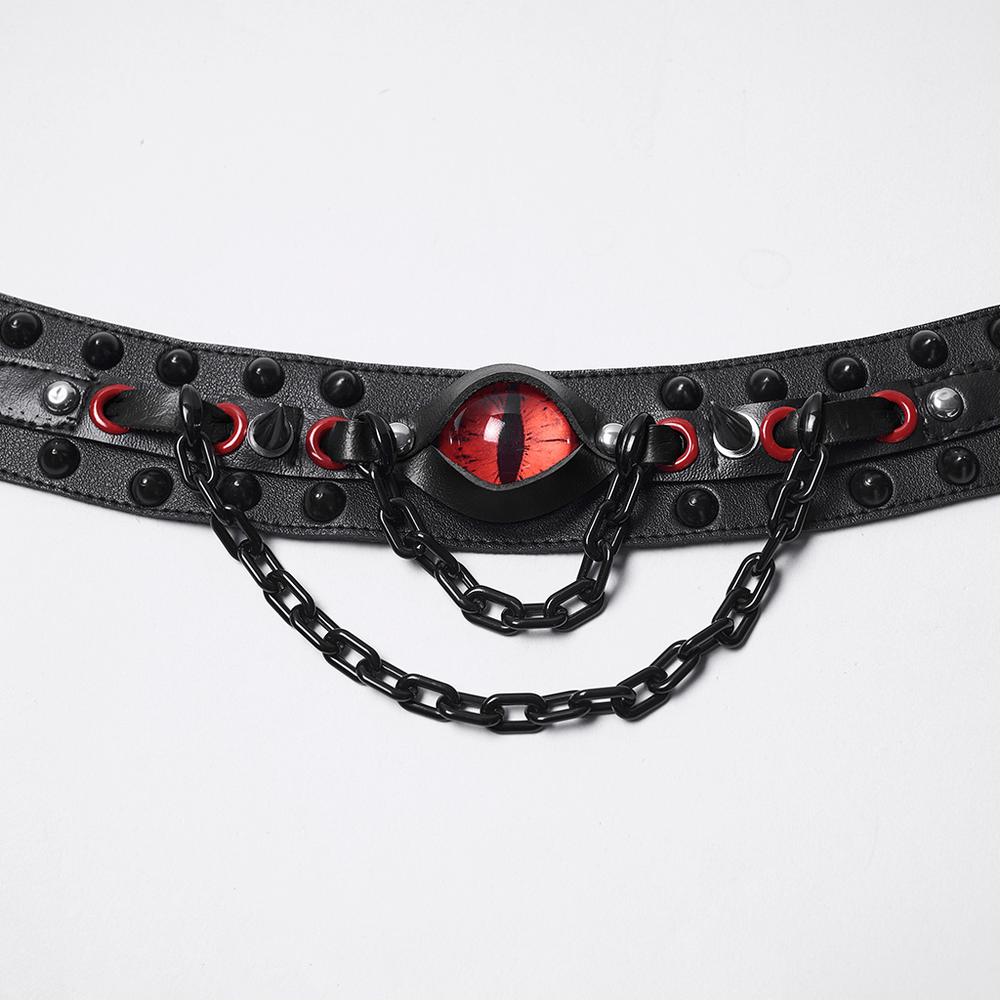 Gothic Punk Leather Choker with Demon Eye and Chains