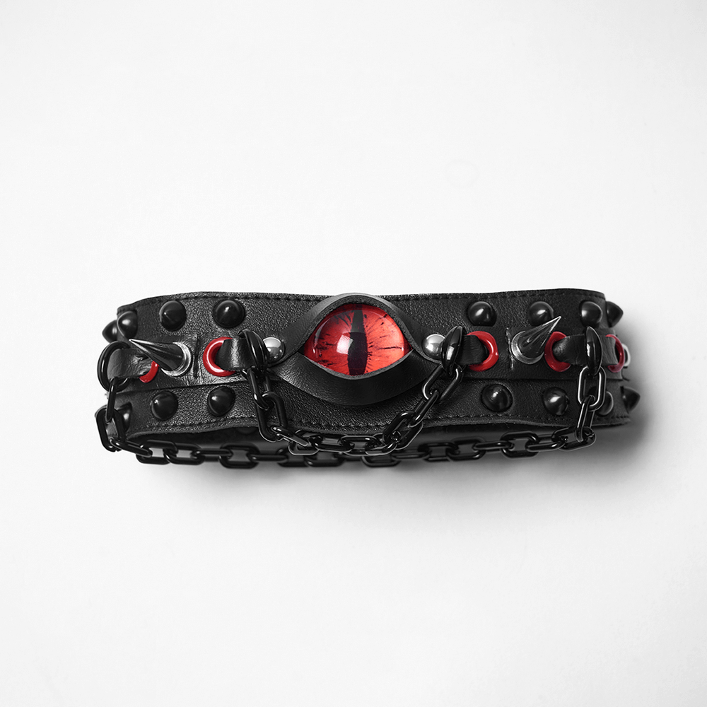 Gothic Punk Leather Choker with Demon Eye and Chains