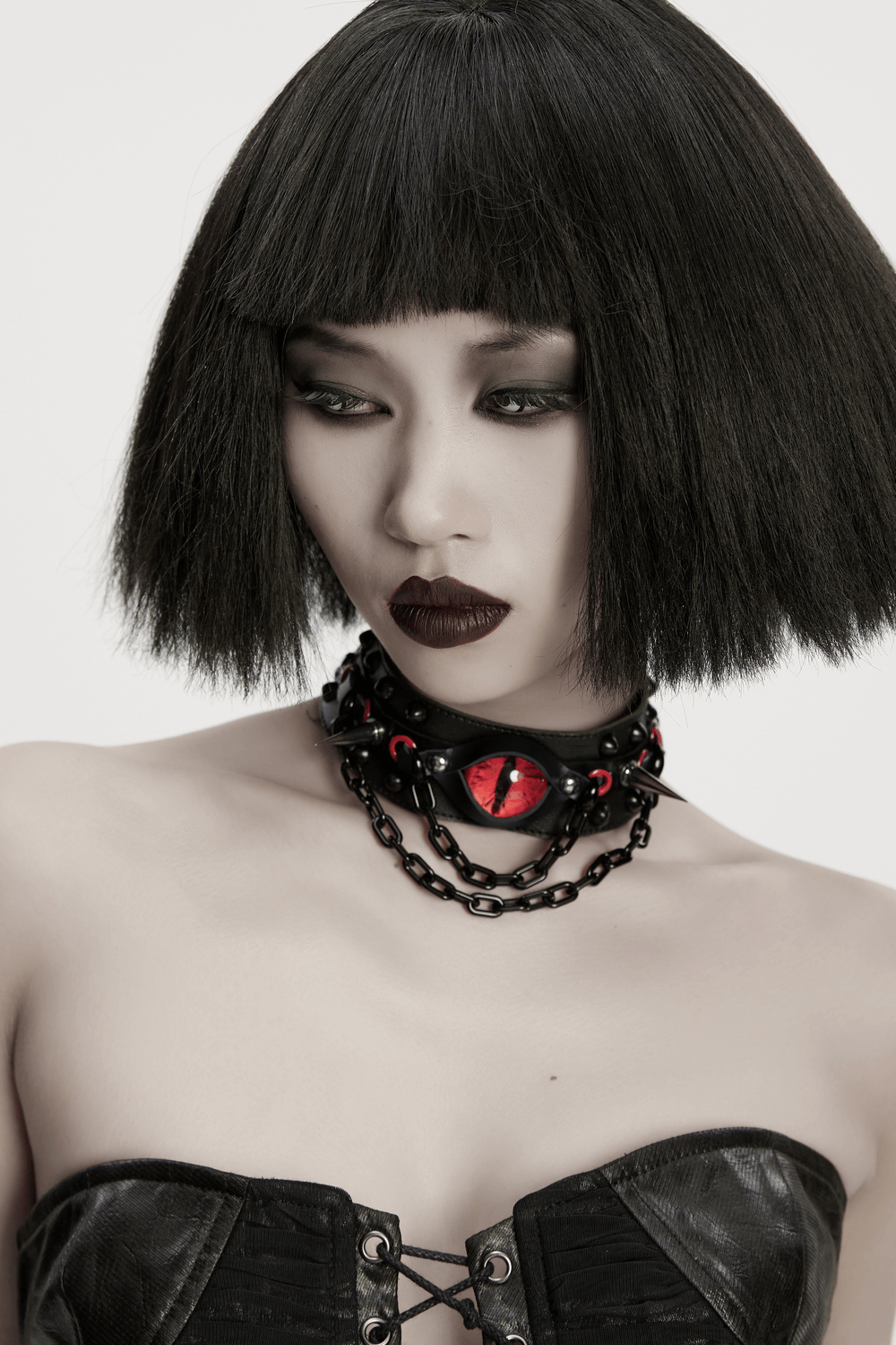 Gothic Punk Leather Choker with Demon Eye and Chains
