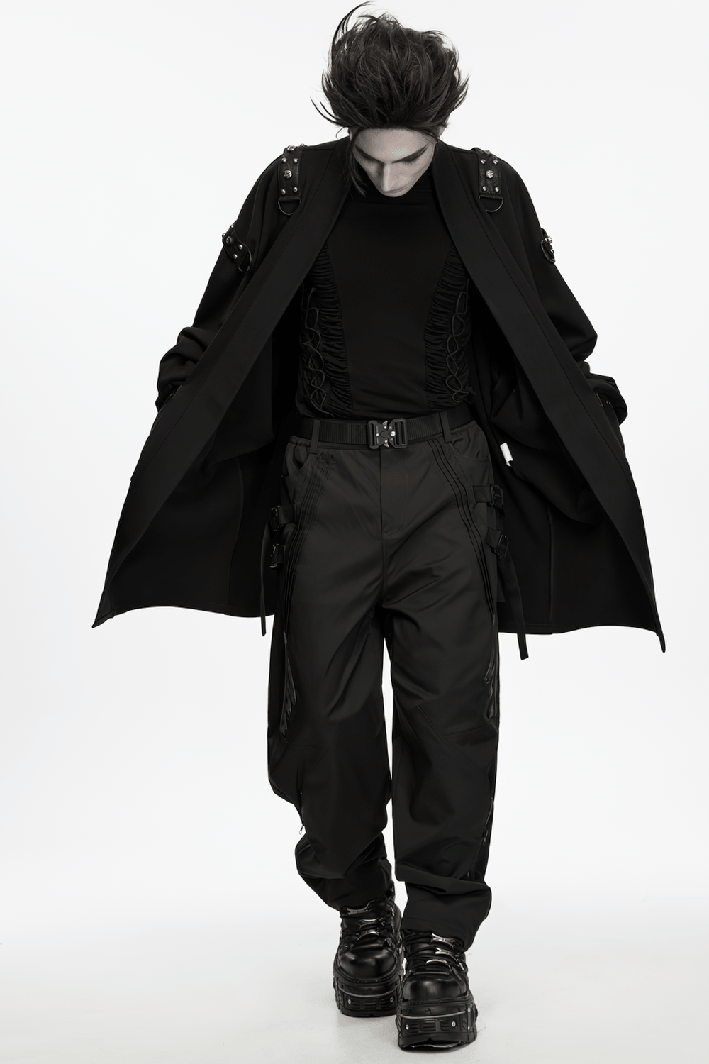 Gothic Punk Long Cardigan With Studded Straps