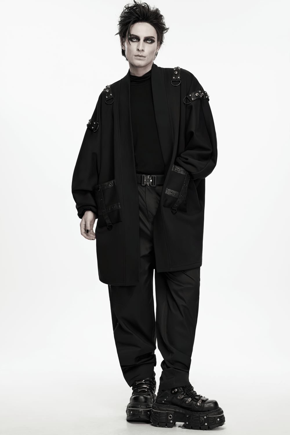 Gothic Punk Long Cardigan With Studded Straps