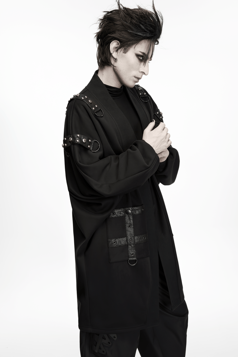 Gothic Punk Long Cardigan With Studded Straps