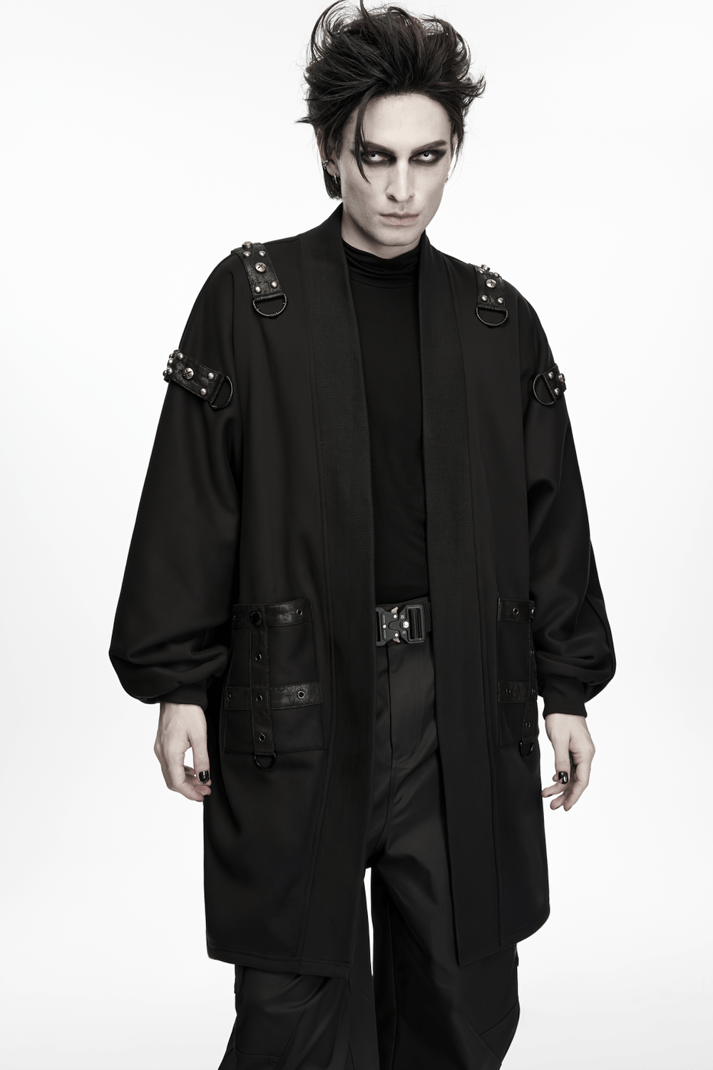 Gothic Punk Long Cardigan With Studded Straps