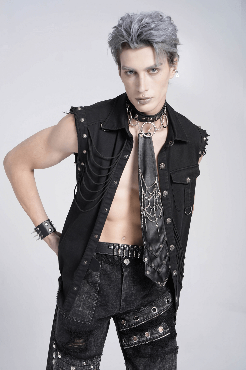 Gothic Punk Spider Web Chain Necktie with Studs