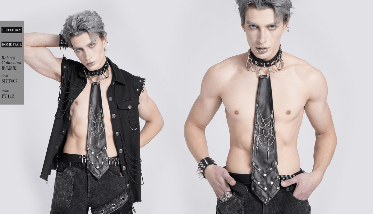 Gothic Punk Spider Web Chain Necktie with Studs