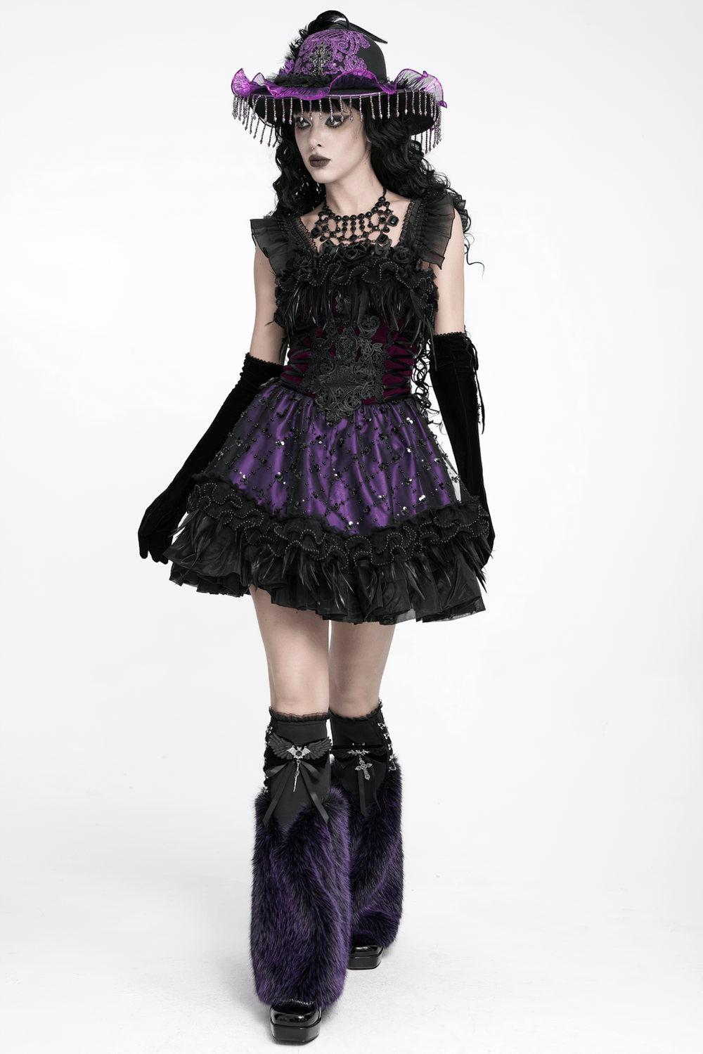 Gothic Purple Faux Fur Leg Warmers with Buckles