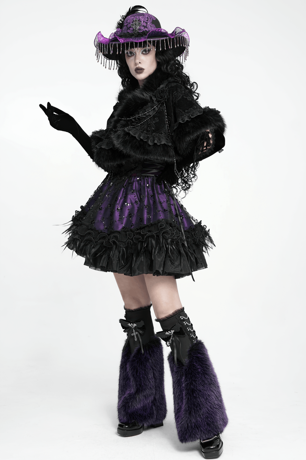 Gothic Purple Faux Fur Leg Warmers with Buckles