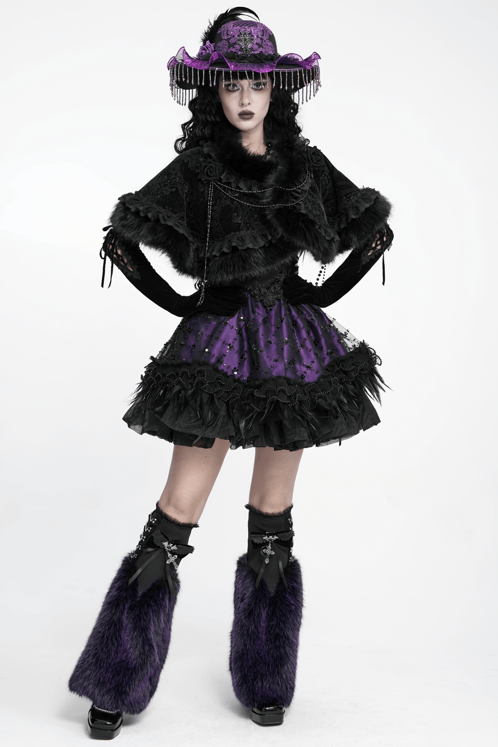 Gothic Purple Faux Fur Leg Warmers with Buckles